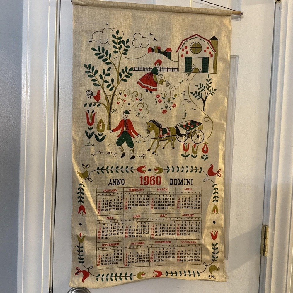 Vintage 1960 Calendar Tea Towel Farmhouse Cottagecore